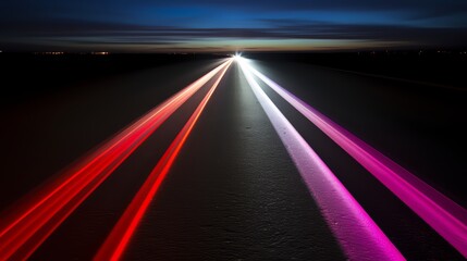 Wall Mural - long road with a bright pink line in the middle. the road is empty and the sky is dark