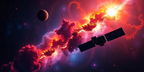 Wall Mural - Satellite explores vibrant nebulae, cosmic dust, and glowing celestial bodies in a dazzling space scene,  colorful,  celestial