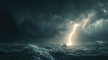 Wall Mural - Sailboat navigates stormy ocean under dramatic lightning strike wide angle seascape photography weather event adventure