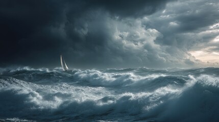 Wall Mural - Sailboat sailing through stormy ocean waves under a dark cloudy sky dramatic seascape adventure travel photography