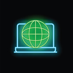 Wall Mural - neon green globe symbol displayed on a laptop screen, representing worldwide connectivity and digita