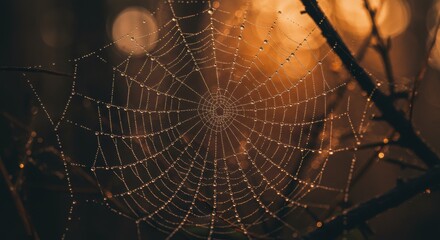 Stunning spider web glistens with morning dew drops, catching golden light in a magical forest setting.