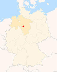  Locatormap of the city Garbsen (Niedersachsen) in Germany. The city is marked with a red dot and the Bundesland is also highlighted. No labels at all.