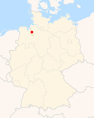  Locatormap of the city Bremen (Bremen) in Germany. The city is marked with a red dot and the Bundesland is also highlighted. No labels at all.