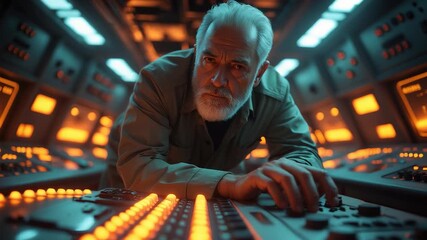 Older man operating illuminated control panel in dark futuristic command center with glowing buttons and advanced technology displays
