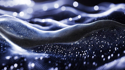 A dark, abstract wave pattern with a gradient of blue and black, featuring a shimmering, bokeh-like effect in the background.