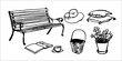 © Artem - Hand drawn black and white garden elements set: bench, hat, pillow, book, basket, plant for design use