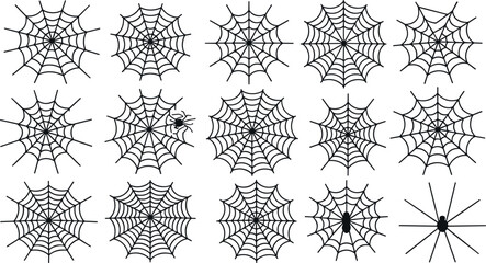 Collection of intricate hand drawn spiderwebs with varying designs and a few spiders scattered throughout