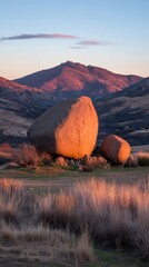 Wall Mural - Golden hour bathes granite boulders and mountain landscape in warm light nature photography