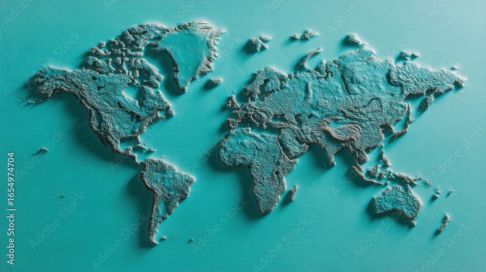 Detailed Relief Map of the World in Teal Blue Texture Topography Global ...