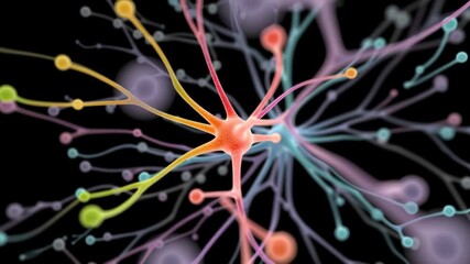 Wall Mural - abstract colorful network structure with radiating lines and nodes on dark background
