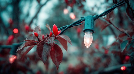 Wall Mural - Close-up of string lights and red buds in the rain, moody outdoor scene, shallow depth of field, atmospheric lighting, nature photography