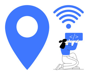 wireless symbol, blue location pin, and a developer coding symbolize connectivity, software developm