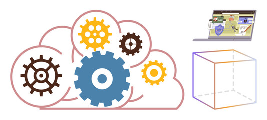 Gears within a cloud, laptop with security elements, and digital cube highlight technology, data security, storage, innovation, cloud solutions, software development collaboration. Simple flat