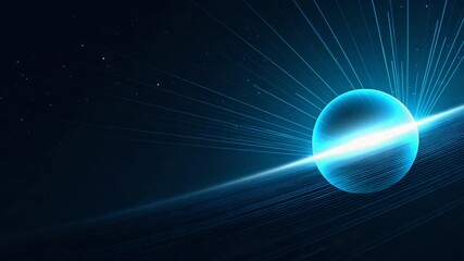 Wall Mural - blue abstract image featuring a glowing sphere with light bursts and linear patterns against a dark 