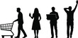© Ideasy Mind - Silhouettes of people in everyday activities, pushing cart, drinking, holding sign, posing, lifestyle concept, human behavior, casual illustration design