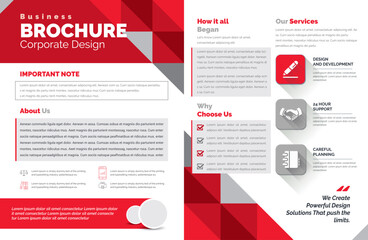 red and gray geometric business brochure with text blocks, icons, and a modern, corporate design aes