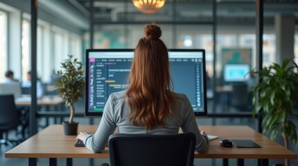 Back view of a woman coding on a computer in a modern office space.