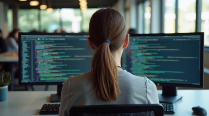 Back view of a woman coding on a computer in a modern office space.