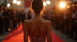© Alex Pios - Celebrity on red carpet with paparazzi flashing with camera. Woman with paparazzi. Action. Beautiful woman at fashionable event with paparazzi. Rear view of famous gorgeous woman at event 4k video