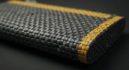 A closeup of a woven surface with black and gold bands