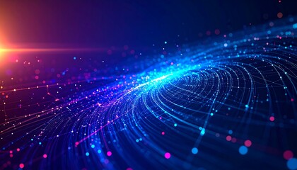A dynamic, swirling network of glowing particles and lines, showcasing vibrant blues and pinks, creating an ethereal and futuristic design.