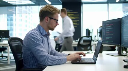 Professional software developer coding on laptop in modern office workspace. Programmer typing code, technology workplace, corporate it environment, computer programming career.