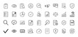 © MSTRABEIA - Business analysis line icon set. Vector pictograms of clipboard, magnifying glass, document, chart, checkmark, money, scales, shield, gear, eye, laptop, thin linear illustration.