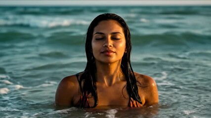 Wall Mural - Serene ocean swim: woman enjoying sunset waves with calm expression