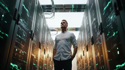 It professional stands in modern datacenter server room with glowing green network lights. Technology infrastructure facility features advanced computing equipment, storage systems, and digital
