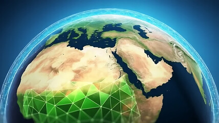 Wall Mural - Earth globe with africa visible and a green network overlay on the continent on transparent background