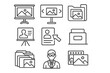 © Vector - Court Evidence Icons. Line style icons of evidence presentation: courtroom screen, digital slideshow, evidence folder, testimony
