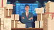 © Salma - Overworked businessman surrounded by stacks of papers illustrating busy office life and demanding workload with data screen