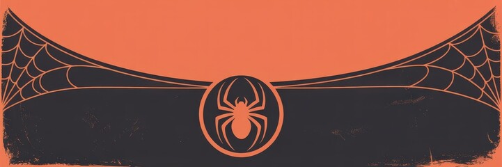Halloween Banner — Orange& Black Flat Minimal Vecto Header Circular Spider Emlem, Stylized Spider Web &Grunge Distressed Backgroud, Wide Copy Space Social edia, Website Hero, Party lyer Haunted