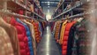 © Saqlain - A long aisle filled with racks of colorful clothing in a large warehouse setting with bright lights