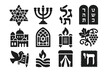 © Vectoria - Synagogue Symbol Icons. Solid style icons of synagogue symbols in art: mosaic Star of David, etched menorah, calligraphic Torah