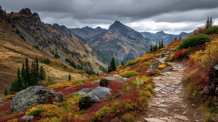 Wall Mural - stone path winding through a picturesque mountain slope, showcasing vibrant autumn foliage and color