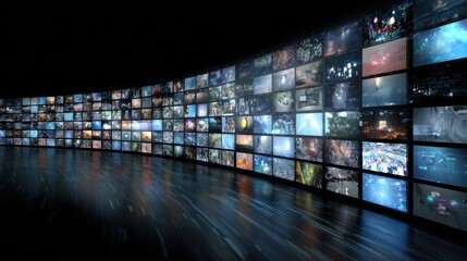 A vast digital gallery features an array of colorful multimedia artworks displayed on numerous screens against a dark background. The space emphasizes technology and creativity.