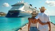 © miss irine - Affectionate senior couple embracing on a wooden pier with a large cruise ship in the background. They wear sun hats, enjoying a tropical vacation by the clear blue sea, ready for a romantic journey.