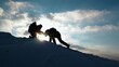 © Victoriia - Travelers climb together up mountain. Teamwork of business people. Go to your goal. Silhouette climbers stretching hands to each other, climbing to top of hill. Victory of team of businessmen. Travel