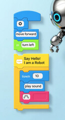 Colorful blocks with robot commands, next to a metallic robot, showcasing coding instructions for children's programming education