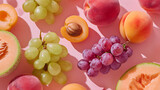 Fresh summer fruits flat lay background peaches grapes melon apricot food concept