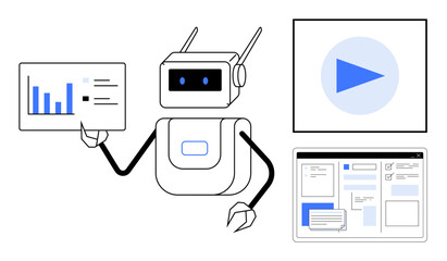 Robot showcasing a bar chart, multimedia play option, and interface elements. Ideal for AI, automation, machine learning, data analysis, technology digital tools education. Simple flat metaphor