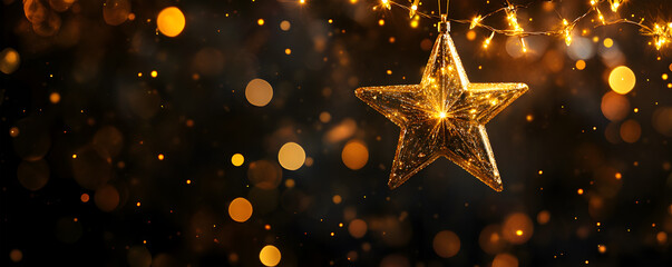 Golden star ornament hanging with bokeh lights decoration