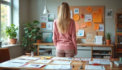 modern creative studio workspace organized for brainstorming, planning. features desk with documents