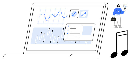 Laptop screen displaying analytical graphs, KPI charts, and interface elements, accompanied by a standing businessman holding a light bulb and a musical note. Ideal for innovation, data analysis