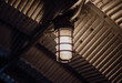 © Veronique - close up view of a light fixture with industrial looking protection hanging from metal ceiling
