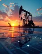 © miss irine - Oil pump jacks, solar panels under vibrant sunset sky. Reflecting sun, clouds on photovoltaic panels, representing energy industry transition. Fusion of fossil fuels extraction, renewable solar power