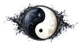A yin and yang symbol is surrounded by dynamic water splashes, creating a powerful visual representation of balance and harmony.