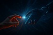 © HM - Human and Robot Hands Connecting in a Futuristic Technological Interface Sparking Innovation and Exploring the Convergence of Artificial Intelligence and Human Potential